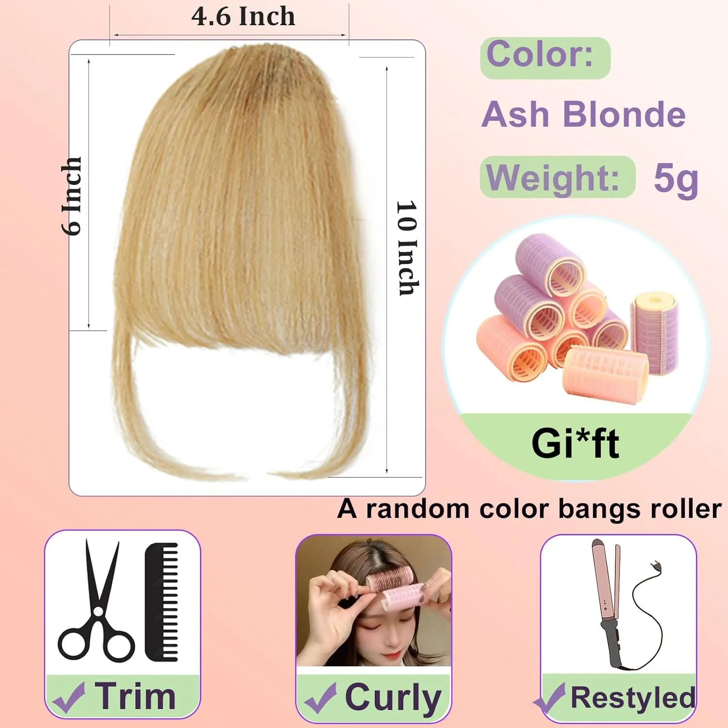 100% Human Hair Clip in Bangs,Women Air Thinning Curtain Flat Natural Curved Wispy Faux Fake Ash Blonde Bangs