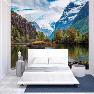116x83 inches Wall Mural,Norway Mountain Range with Snowy Peaks by the Lake Fishing Nordic Northern Landscape Decorative Peel and Stick Self-Adhesive Wallpaper Removable Large Wall Sticker Wall Decor