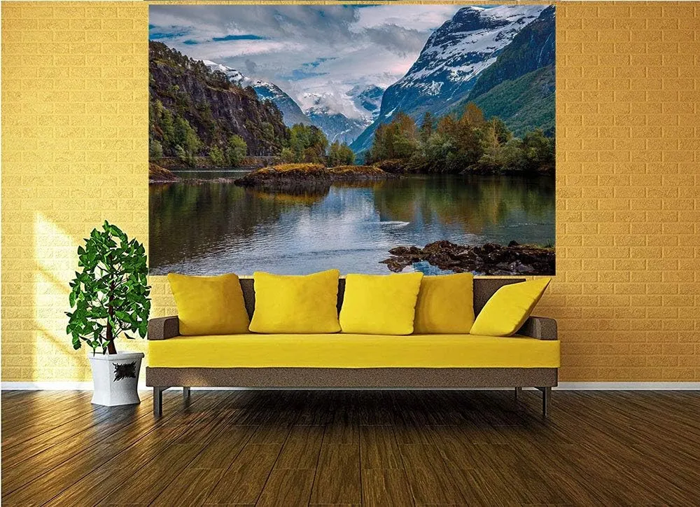 116x83 inches Wall Mural,Norway Mountain Range with Snowy Peaks by the Lake Fishing Nordic Northern Landscape Decorative Peel and Stick Self-Adhesive Wallpaper Removable Large Wall Sticker Wall Decor