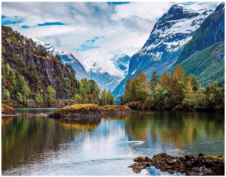 116x83 inches Wall Mural,Norway Mountain Range with Snowy Peaks by the Lake Fishing Nordic Northern Landscape Decorative Peel and Stick Self-Adhesive Wallpaper Removable Large Wall Sticker Wall Decor