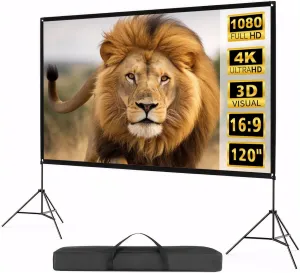 120 inch Portable Outdoor Projector Screen with Stand and Carry Bag, 16:9 Format, 4K HD, Wrinkle-Free, Foldable Design & Easy to Setup