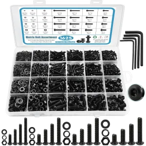 1625PCS Screws Bolts and Nuts Assortment Kit, M2 M3 M4 M5 Nut Bolt Assortment with Lock & Flat Washers, Grade 10.9 Alloy Steel Hex Socket Head Screws Nuts and Bolts Assortment Kit