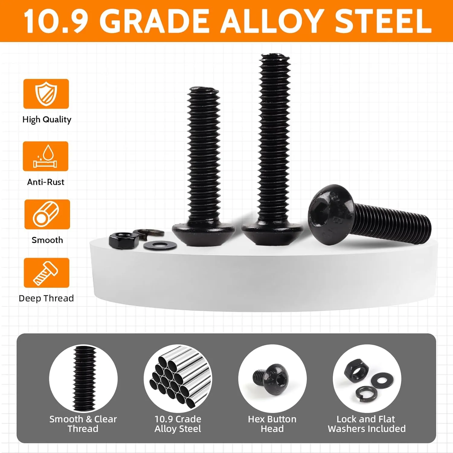 1705PCS Hex Button Head Machine Screw Assortment Kit, M2 M3 M4 M5 Metric Bolts and Nuts Kit with Lock & Flat Washers and Allen Wrench, Grade 10.9 Alloy Steel Metric Bolt Assortment with Case