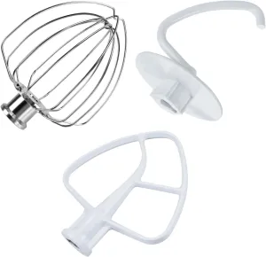 3-Piece Attachment Kit for KitchenAid 4.5-5 Quart Tilt-Head Mixers – Aluminum 6-Wire Whip, Flat Beater & Dough Hook, Hand Wash Only, Compatible with Artisan & Classic – by MMOBIEL