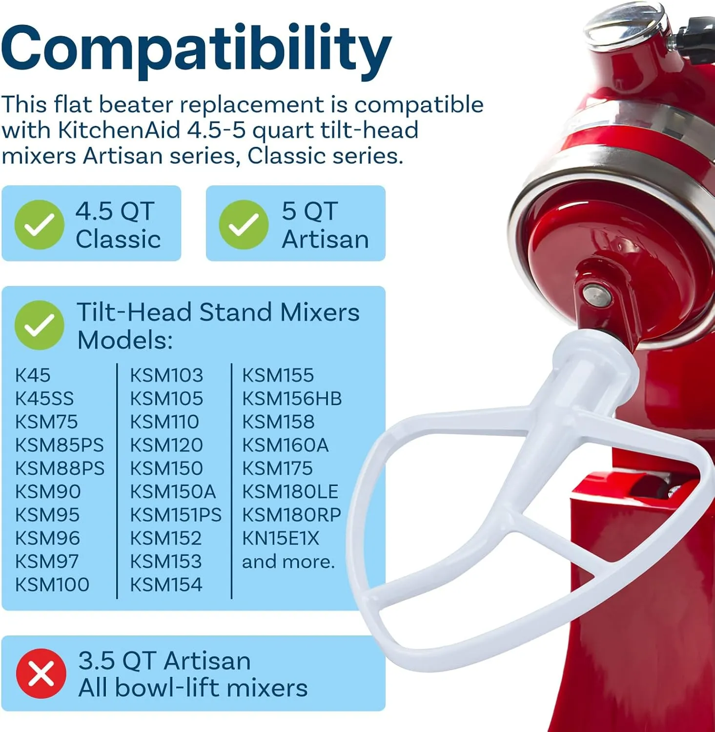 3-Piece Attachment Kit for KitchenAid 4.5-5 Quart Tilt-Head Mixers – Aluminum 6-Wire Whip, Flat Beater & Dough Hook, Hand Wash Only, Compatible with Artisan & Classic – by MMOBIEL