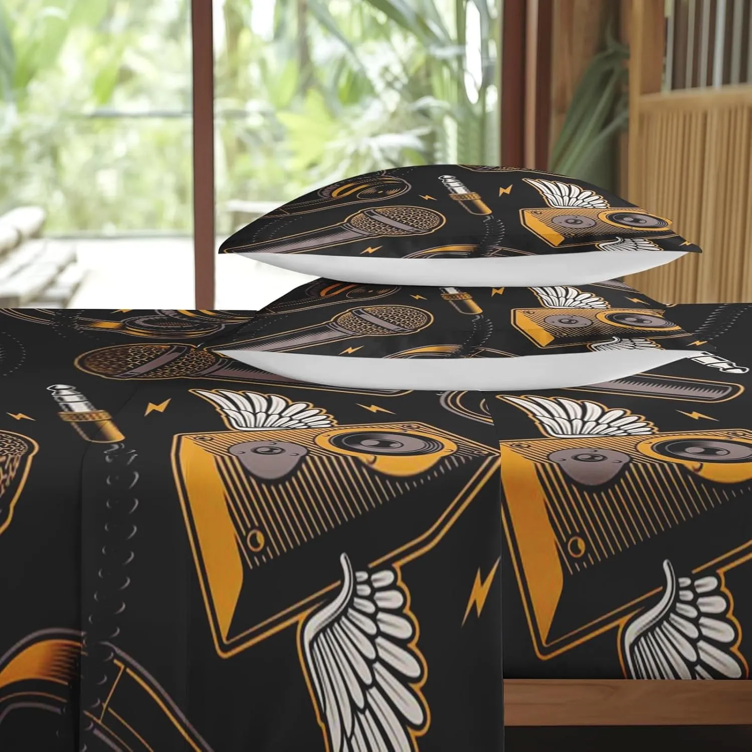 4 Pcs Fitted Sheet Set King Size with 14" Deep Pocket, Musical Recording Studio Bedding with Pillowcase for Kids and Adults, Music Graffiti Guitar Flat Bed Sheet Set