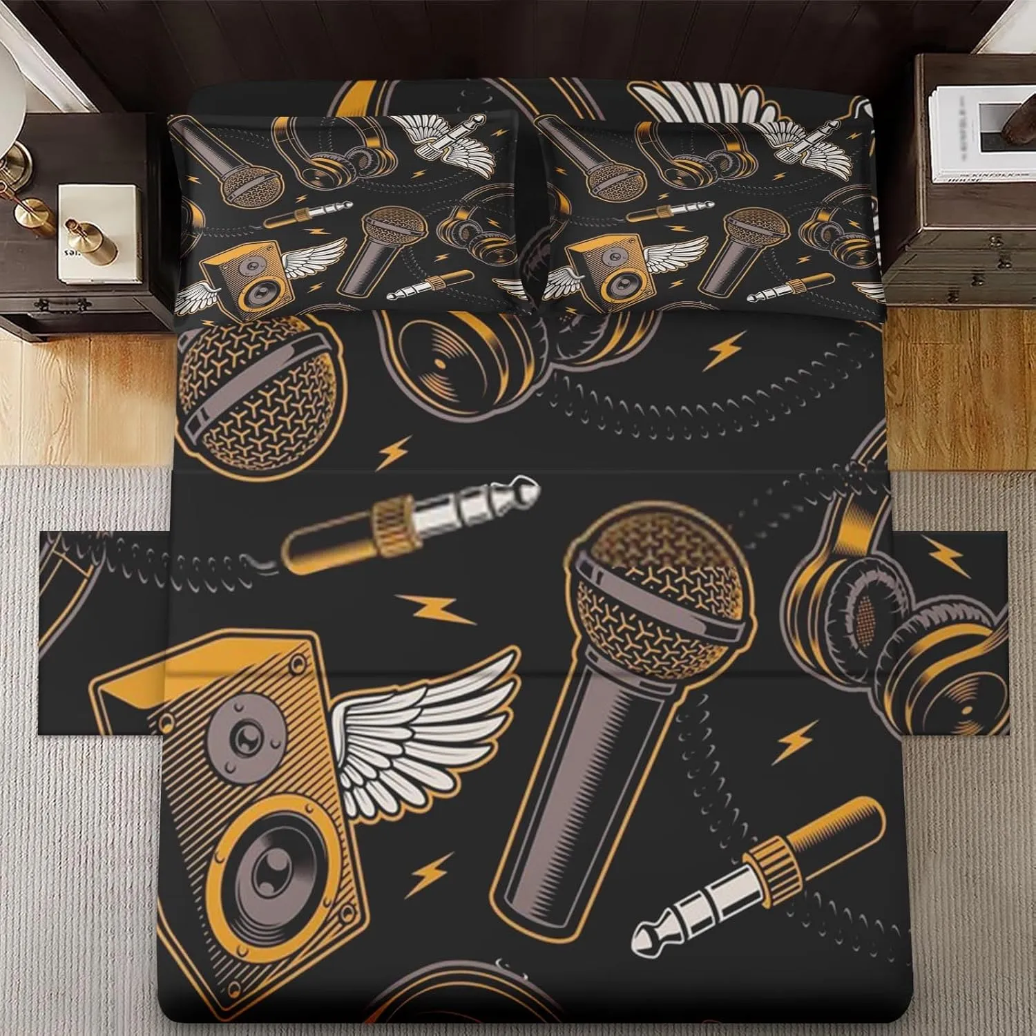 4 Pcs Fitted Sheet Set King Size with 14" Deep Pocket, Musical Recording Studio Bedding with Pillowcase for Kids and Adults, Music Graffiti Guitar Flat Bed Sheet Set