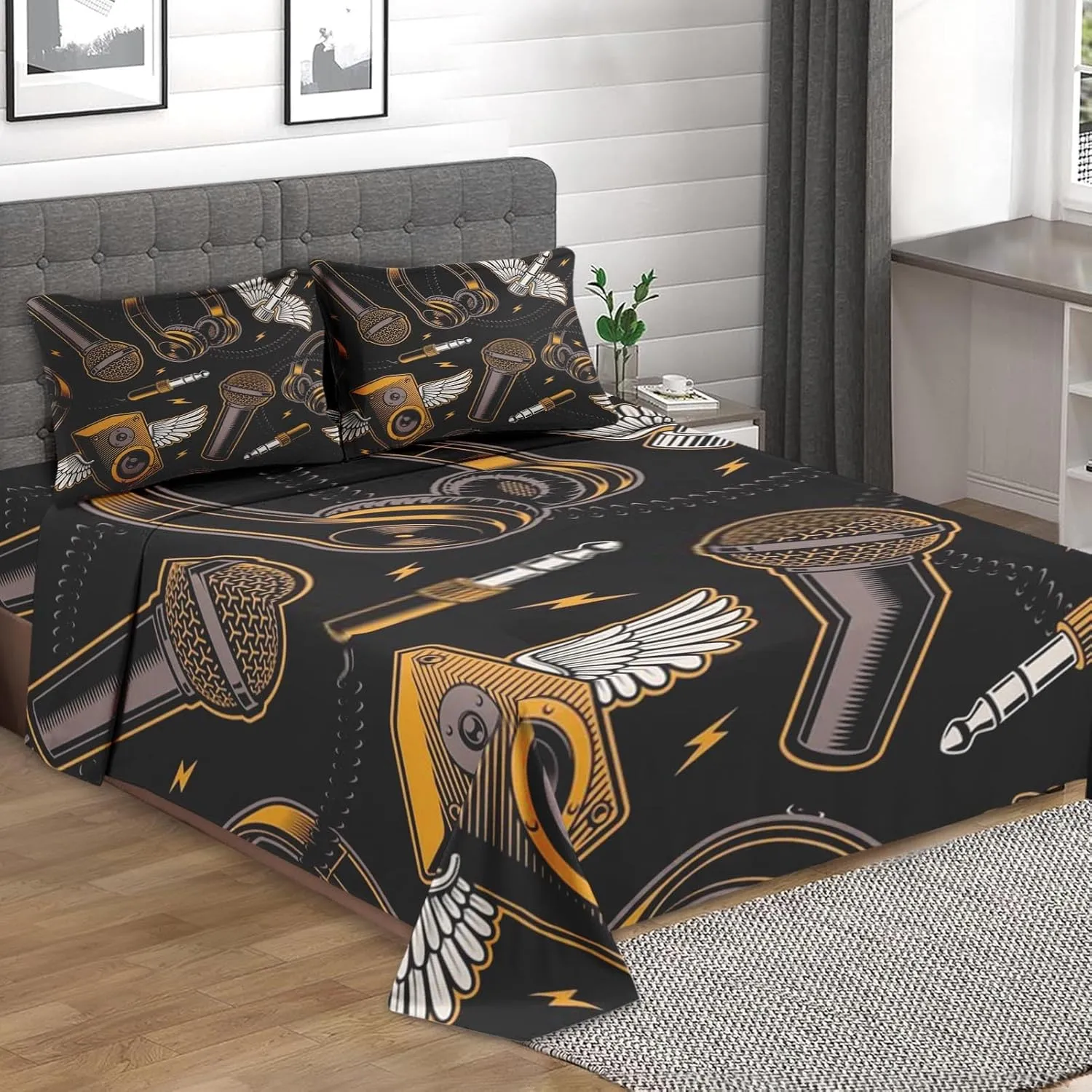 4 Pcs Fitted Sheet Set King Size with 14" Deep Pocket, Musical Recording Studio Bedding with Pillowcase for Kids and Adults, Music Graffiti Guitar Flat Bed Sheet Set