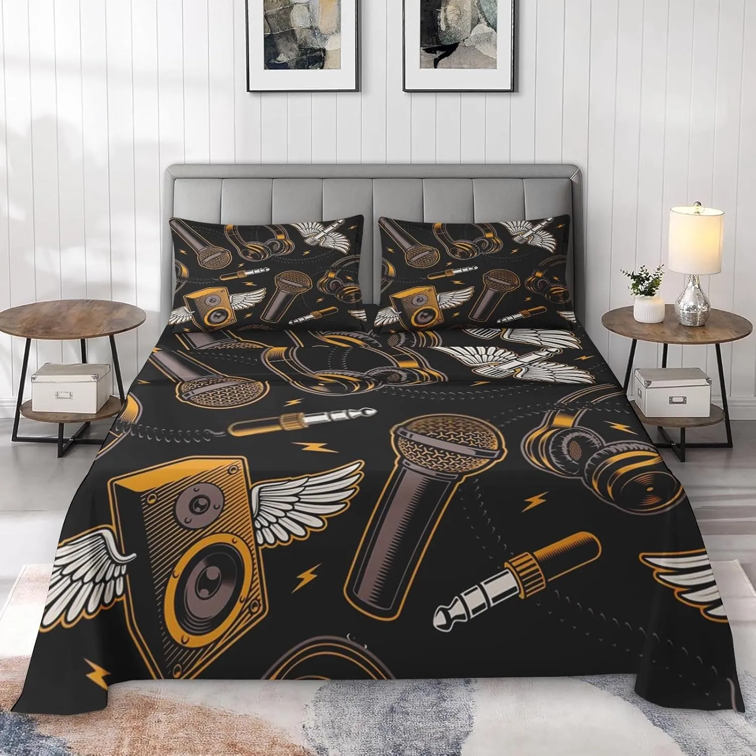 4 Pcs Fitted Sheet Set King Size with 14" Deep Pocket, Musical Recording Studio Bedding with Pillowcase for Kids and Adults, Music Graffiti Guitar Flat Bed Sheet Set