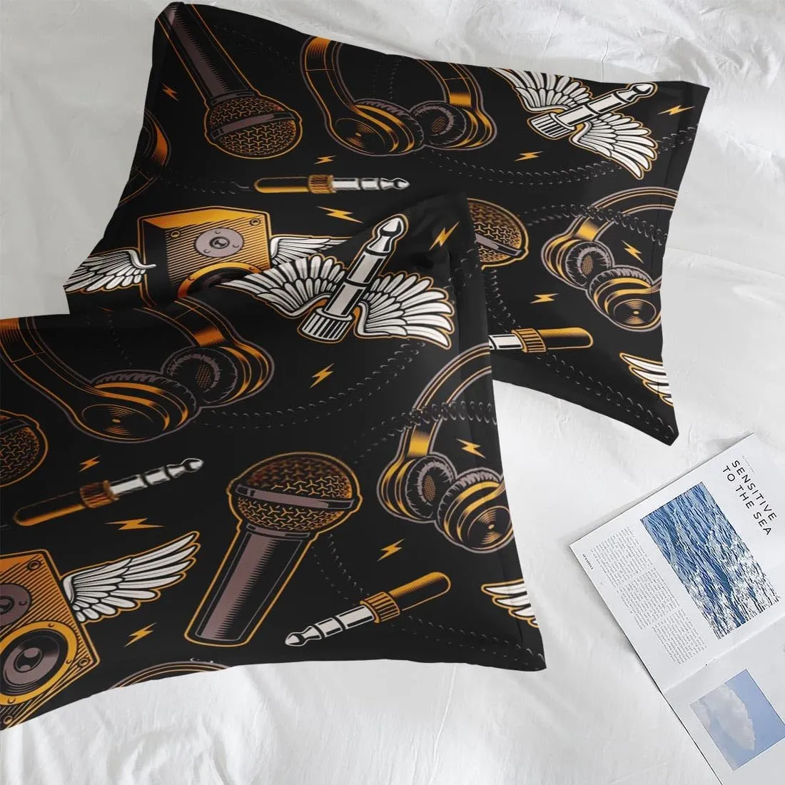 4 Pcs Fitted Sheet Set King Size with 14" Deep Pocket, Musical Recording Studio Bedding with Pillowcase for Kids and Adults, Music Graffiti Guitar Flat Bed Sheet Set