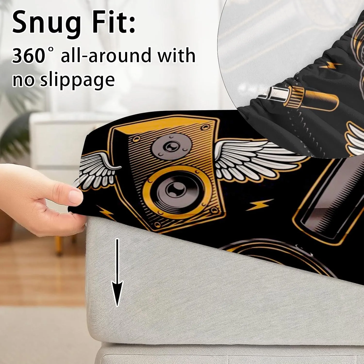 4 Pcs Fitted Sheet Set King Size with 14" Deep Pocket, Musical Recording Studio Bedding with Pillowcase for Kids and Adults, Music Graffiti Guitar Flat Bed Sheet Set
