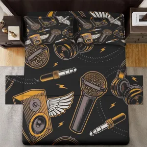 4 Pcs Fitted Sheet Set King Size with 14" Deep Pocket, Musical Recording Studio Bedding with Pillowcase for Kids and Adults, Music Graffiti Guitar Flat Bed Sheet Set