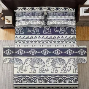 4 Pcs Fitted Sheet Set Queen Size with 16" Deep Pocket, Elephant Animal Map Bedding Set with Pillowcases for Kids and Adults, Mandala Boho Flower Flat Bed Sheet Set