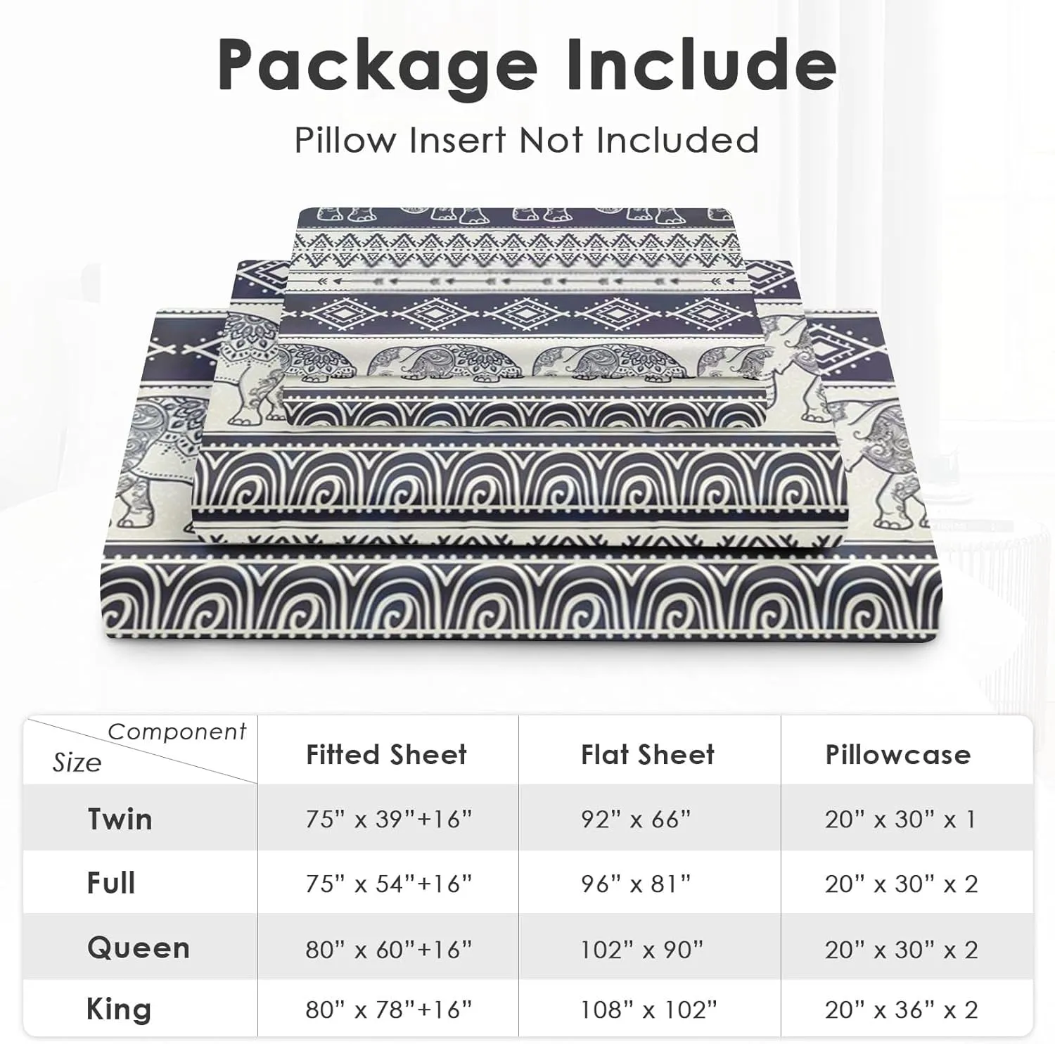 4 Pcs Fitted Sheet Set Queen Size with 16" Deep Pocket, Elephant Animal Map Bedding Set with Pillowcases for Kids and Adults, Mandala Boho Flower Flat Bed Sheet Set