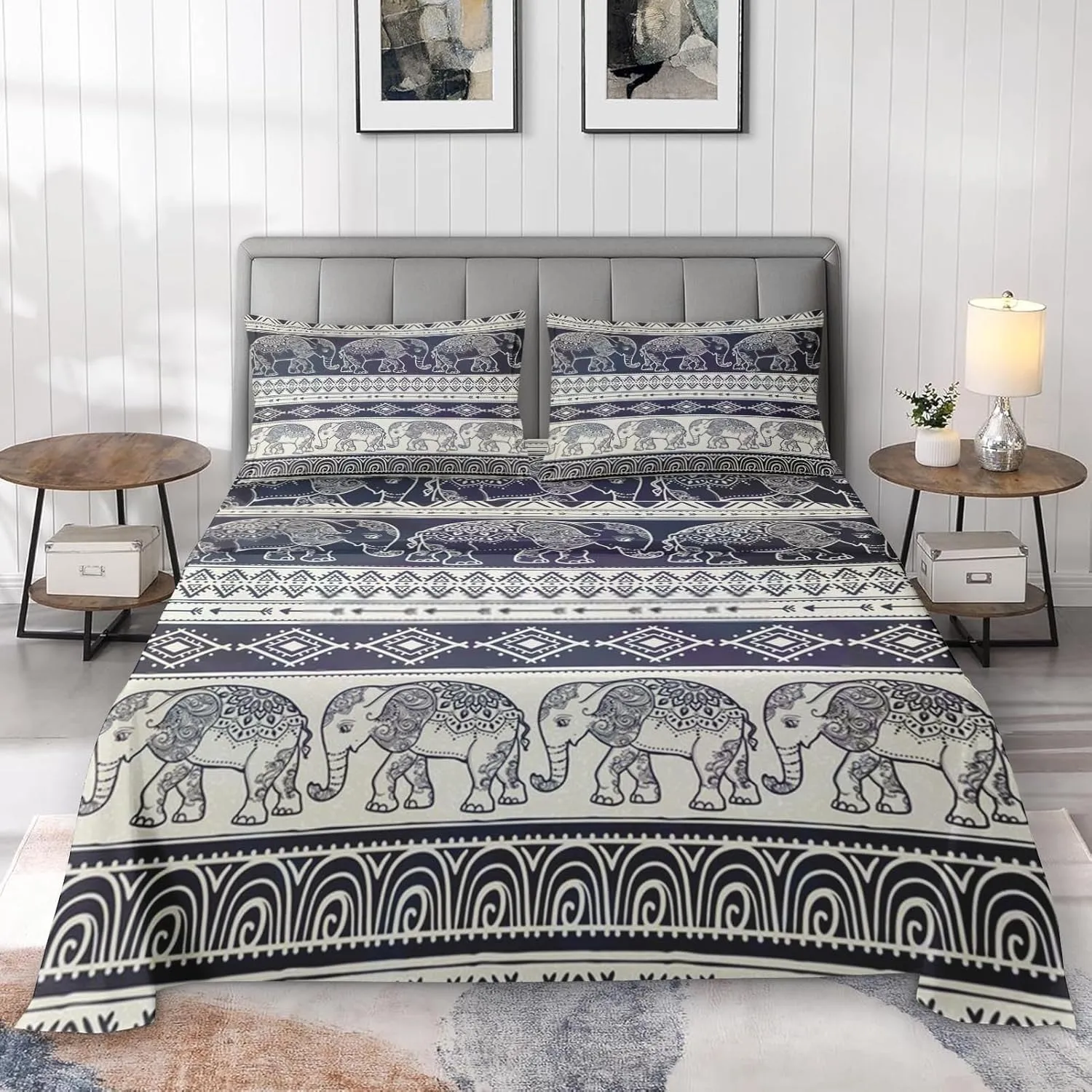 4 Pcs Fitted Sheet Set Queen Size with 16" Deep Pocket, Elephant Animal Map Bedding Set with Pillowcases for Kids and Adults, Mandala Boho Flower Flat Bed Sheet Set