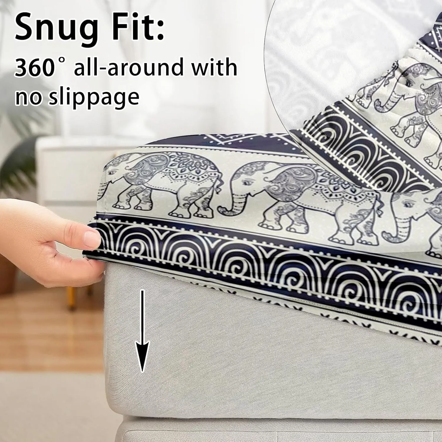 4 Pcs Fitted Sheet Set Queen Size with 16" Deep Pocket, Elephant Animal Map Bedding Set with Pillowcases for Kids and Adults, Mandala Boho Flower Flat Bed Sheet Set