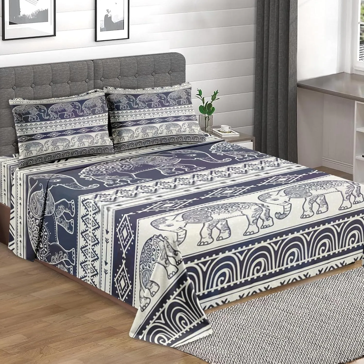 4 Pcs Fitted Sheet Set Queen Size with 16" Deep Pocket, Elephant Animal Map Bedding Set with Pillowcases for Kids and Adults, Mandala Boho Flower Flat Bed Sheet Set