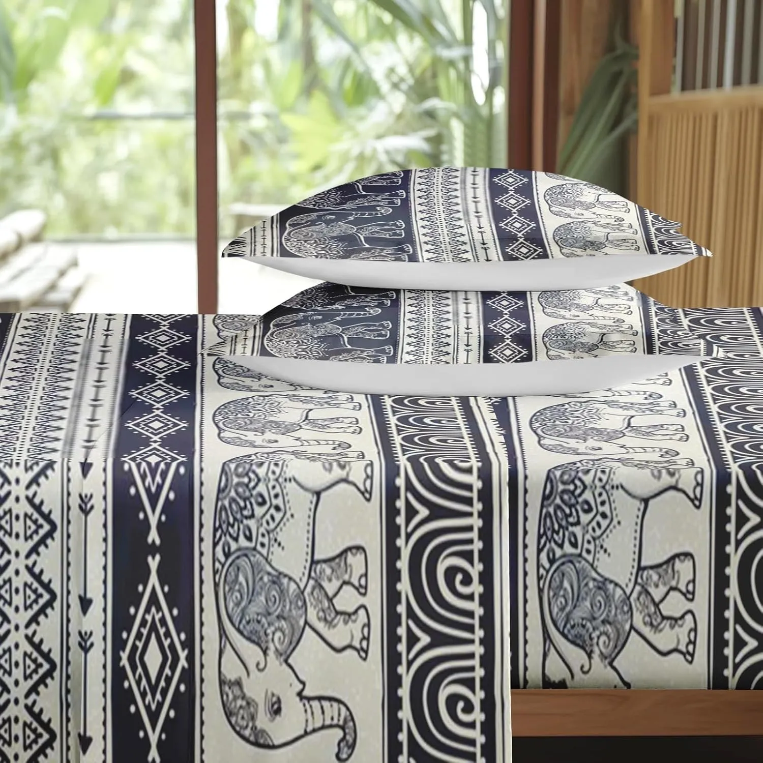 4 Pcs Fitted Sheet Set Queen Size with 16" Deep Pocket, Elephant Animal Map Bedding Set with Pillowcases for Kids and Adults, Mandala Boho Flower Flat Bed Sheet Set
