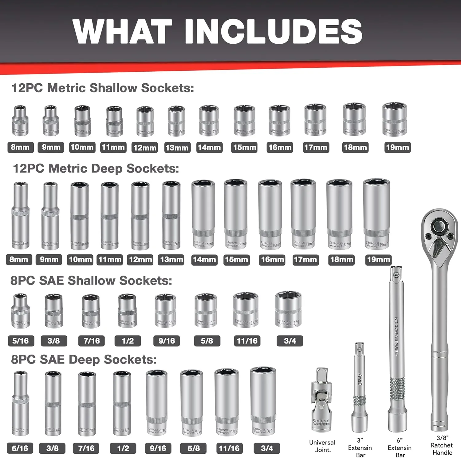 44pcs 3/8" Drive Impact Socket Set,Drive Master Socket Set,SAE/Metric, Deep & Shallow with 3/8" Drive Head Ratchet,Universal Joint,Extension bar (3” & 6”),6 Point,CR-V Steel，Mirror Chrome