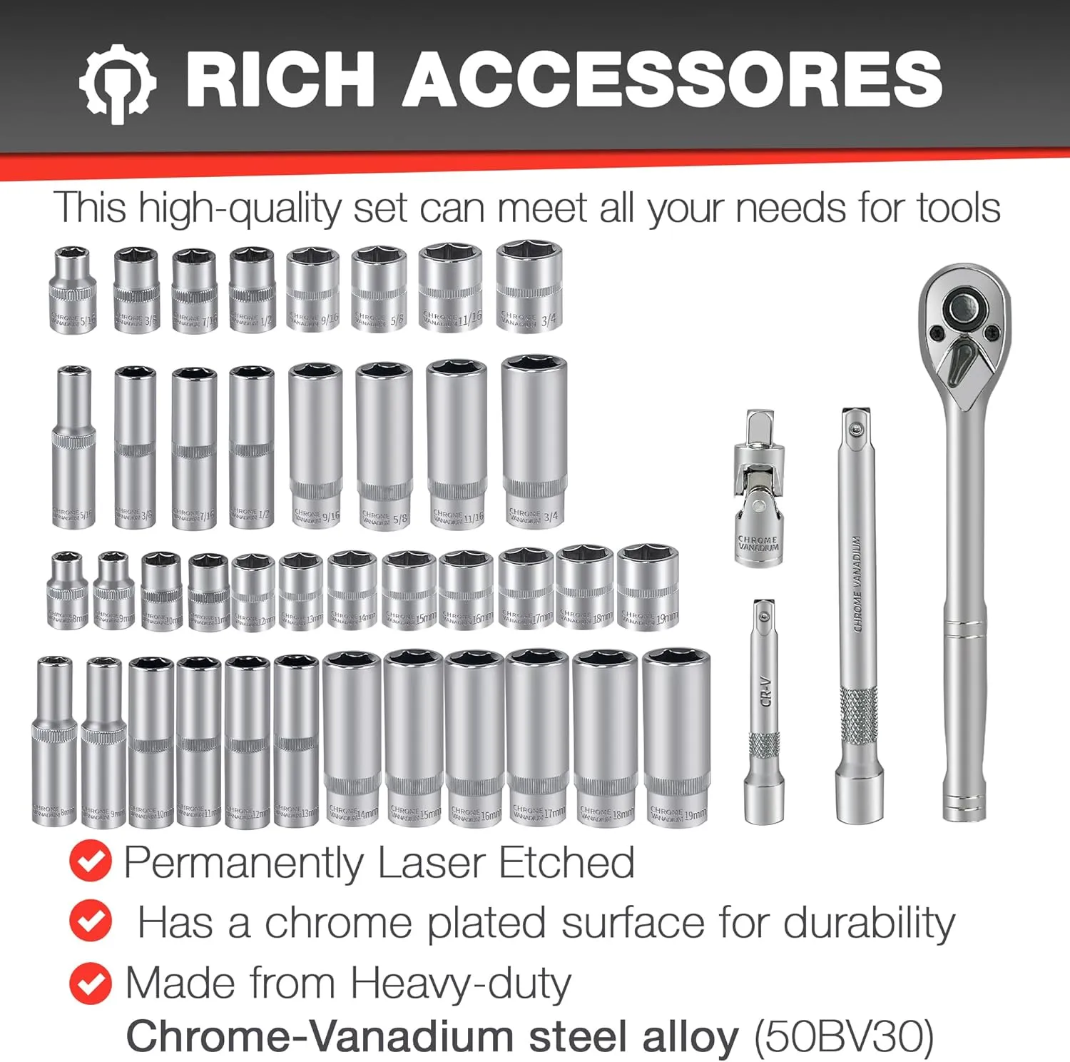 44pcs 3/8" Drive Impact Socket Set,Drive Master Socket Set,SAE/Metric, Deep & Shallow with 3/8" Drive Head Ratchet,Universal Joint,Extension bar (3” & 6”),6 Point,CR-V Steel，Mirror Chrome