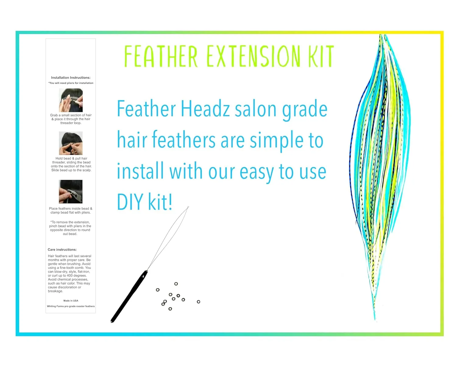 50 Neon Green & Turquoise Color Hair Feathers - 9”- 14” Long - Feathers for Hair Extension, Hair Extension DIY Kit - Eye-Catching Design - 50 Micro-link Beads - 100% Real Rooster Feathers