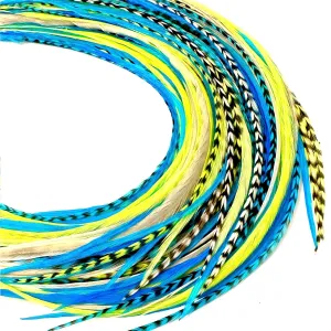 50 Neon Green & Turquoise Color Hair Feathers - 9”- 14” Long - Feathers for Hair Extension, Hair Extension DIY Kit - Eye-Catching Design - 50 Micro-link Beads - 100% Real Rooster Feathers