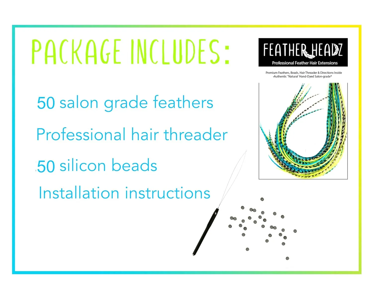 50 Neon Green & Turquoise Color Hair Feathers - 9”- 14” Long - Feathers for Hair Extension, Hair Extension DIY Kit - Eye-Catching Design - 50 Micro-link Beads - 100% Real Rooster Feathers