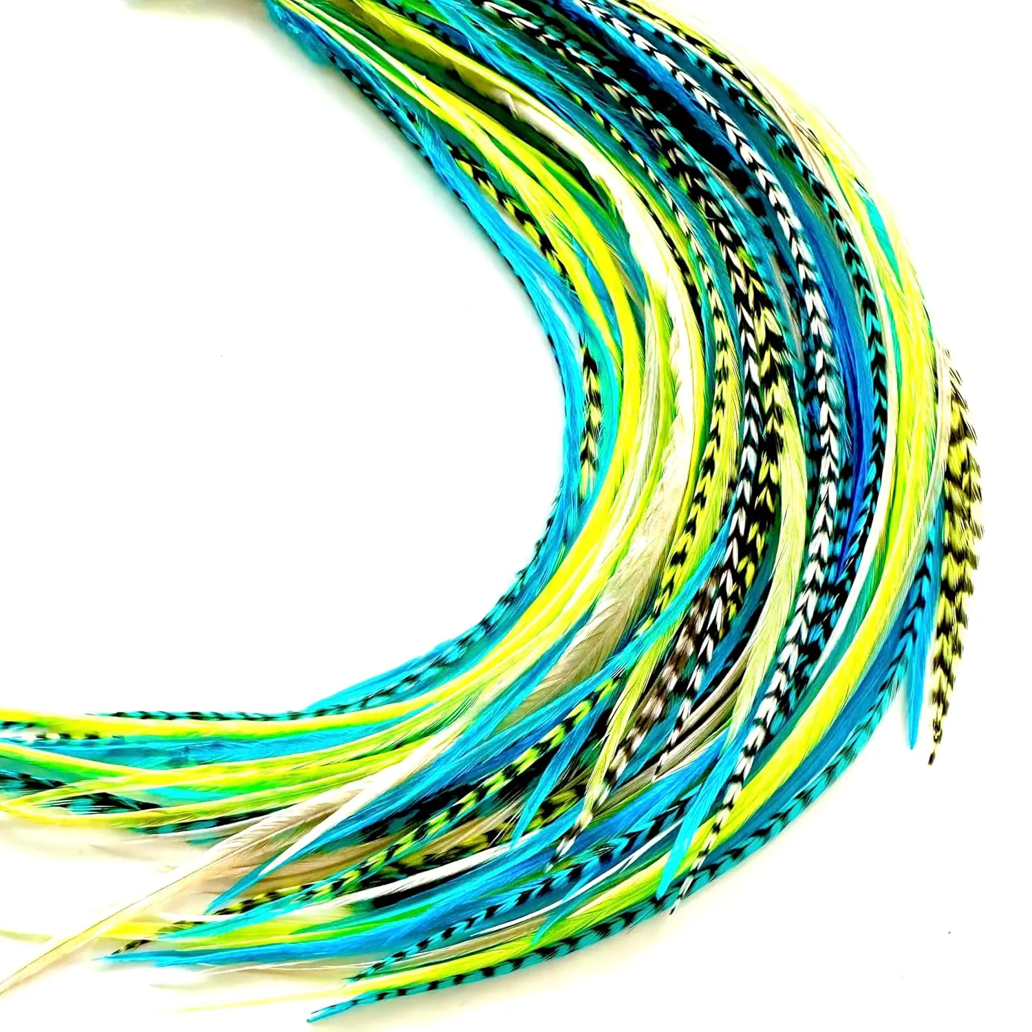 50 Neon Green & Turquoise Color Hair Feathers - 9”- 14” Long - Feathers for Hair Extension, Hair Extension DIY Kit - Eye-Catching Design - 50 Micro-link Beads - 100% Real Rooster Feathers