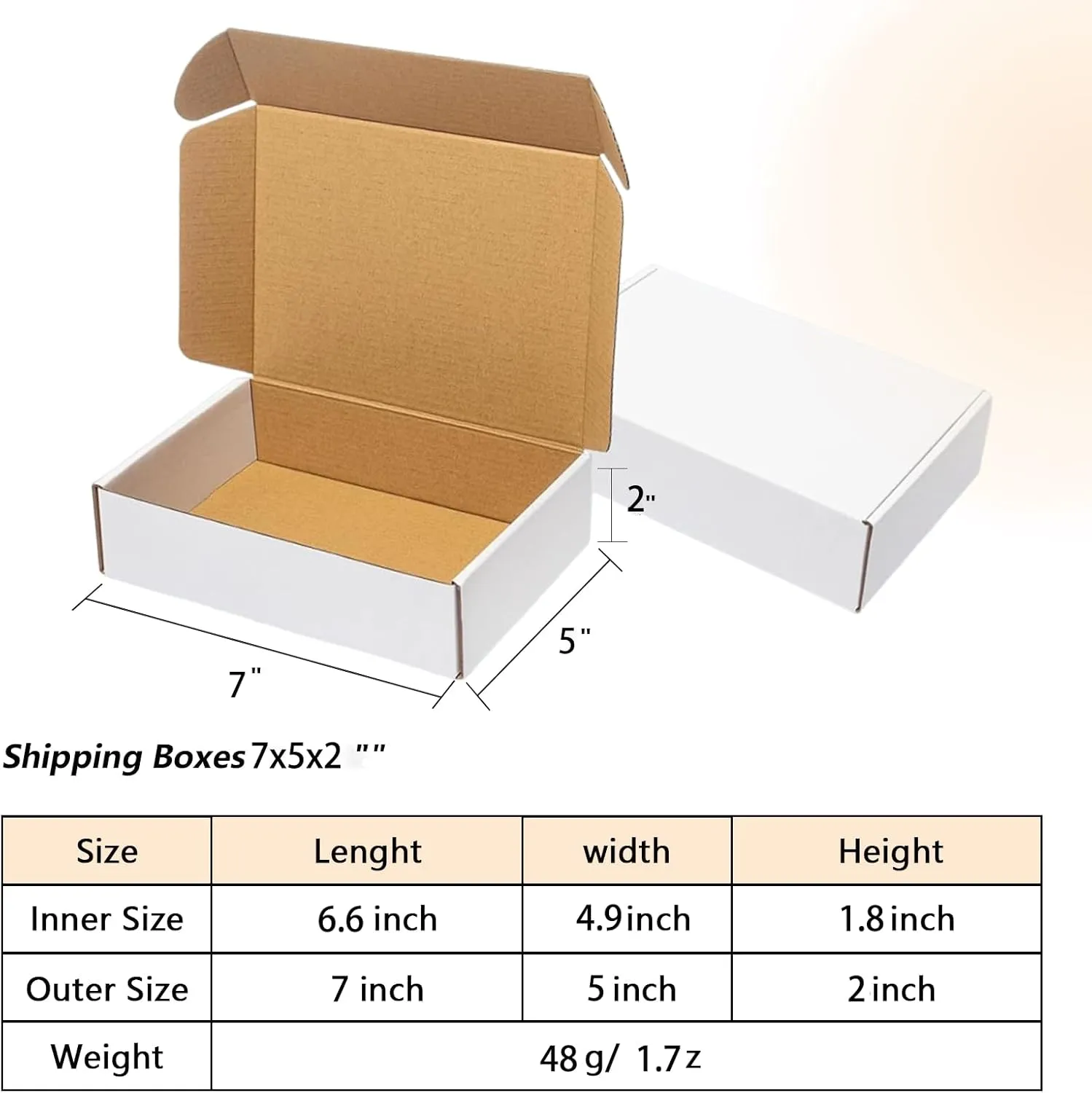 50 Pack 7x5x2 Small Shipping Boxes, White Corrugated Cardboard Packaging Box for Small Business
