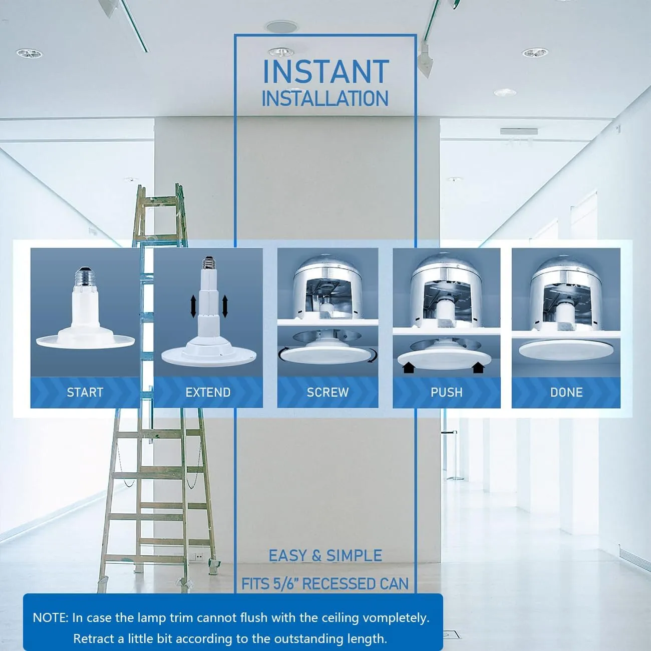5/6''Adjustable Height LED Can Lights Retrofit Recessed Lighting 6 Pack,800 lm 2700K Soft White,12=60W,Dimmable,ETL Damp Rated,E26 Base,Flat Trim,Easy Retrofit Downlight Installation.
