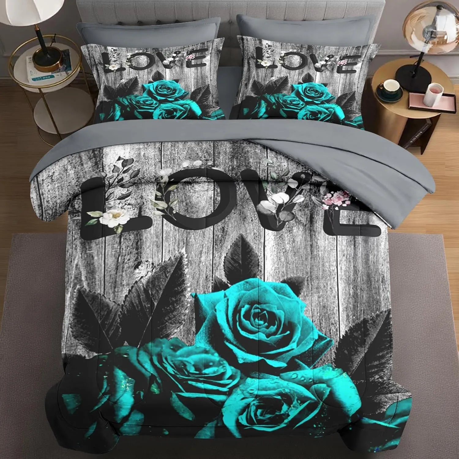 7 Pcs King Size Comforter Set with 2 Pillowcases & 2 Shams, Cyan Rose Flower Love Bedding for Kids and Adults, Summer Retro Woodboard Bed in a Bag with Flat Fitted Sheet