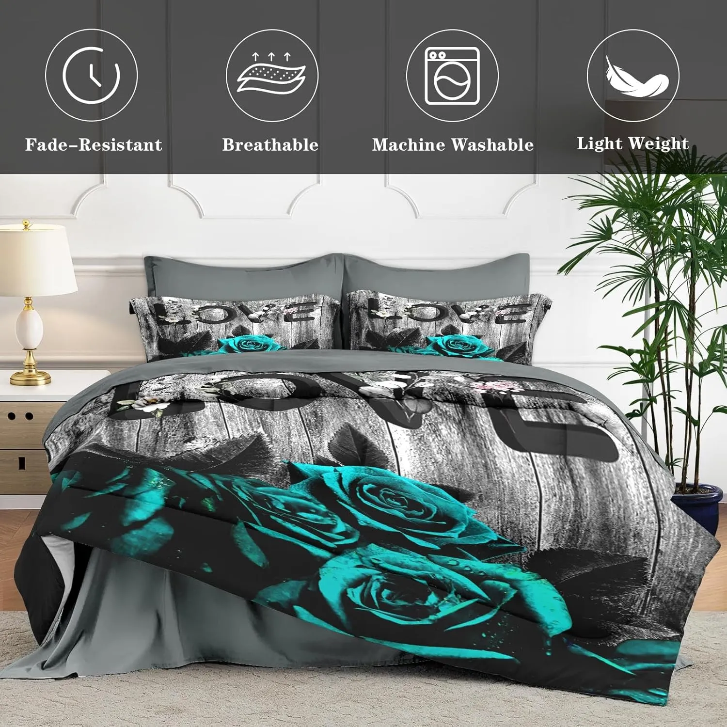 7 Pcs King Size Comforter Set with 2 Pillowcases & 2 Shams, Cyan Rose Flower Love Bedding for Kids and Adults, Summer Retro Woodboard Bed in a Bag with Flat Fitted Sheet
