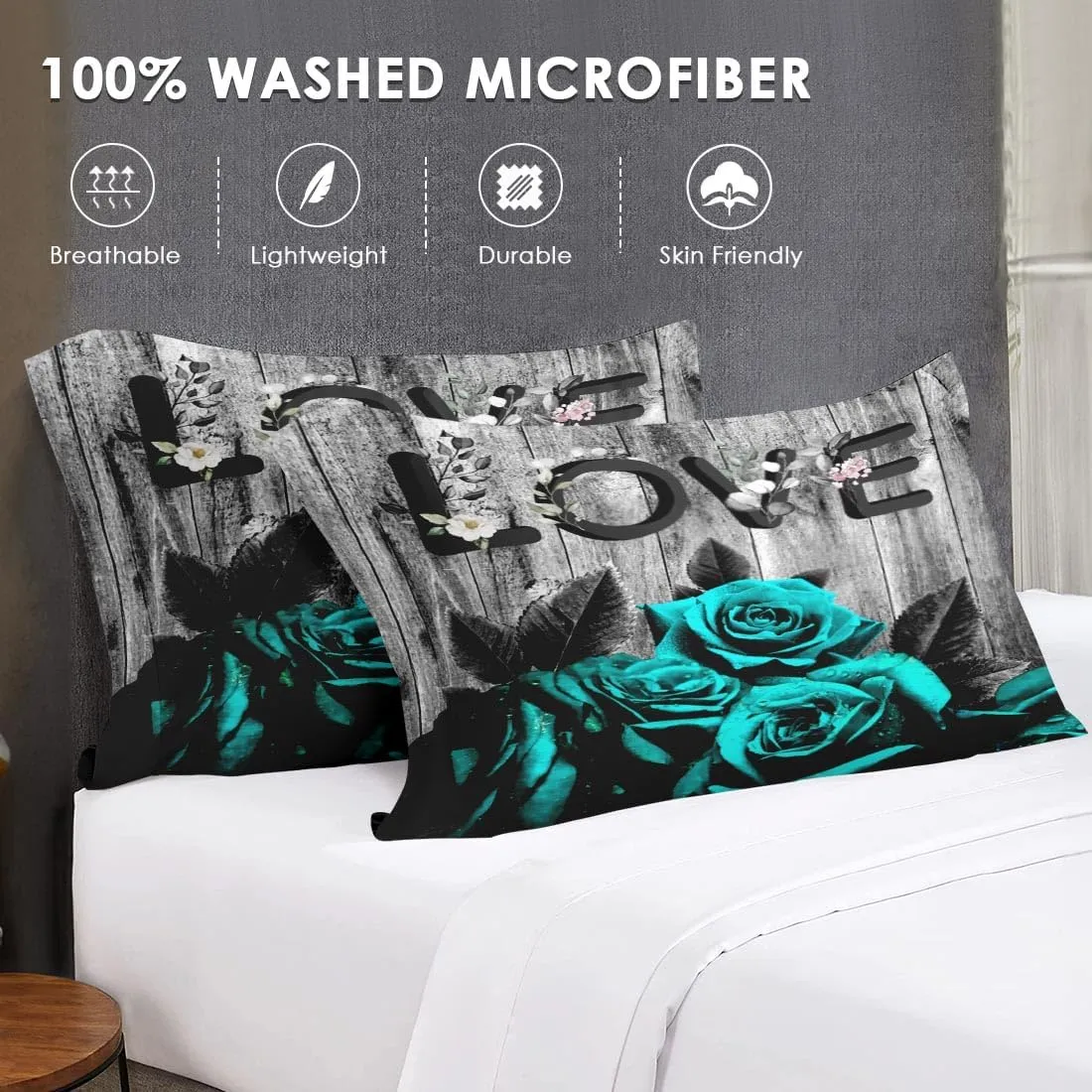 7 Pcs King Size Comforter Set with 2 Pillowcases & 2 Shams, Cyan Rose Flower Love Bedding for Kids and Adults, Summer Retro Woodboard Bed in a Bag with Flat Fitted Sheet
