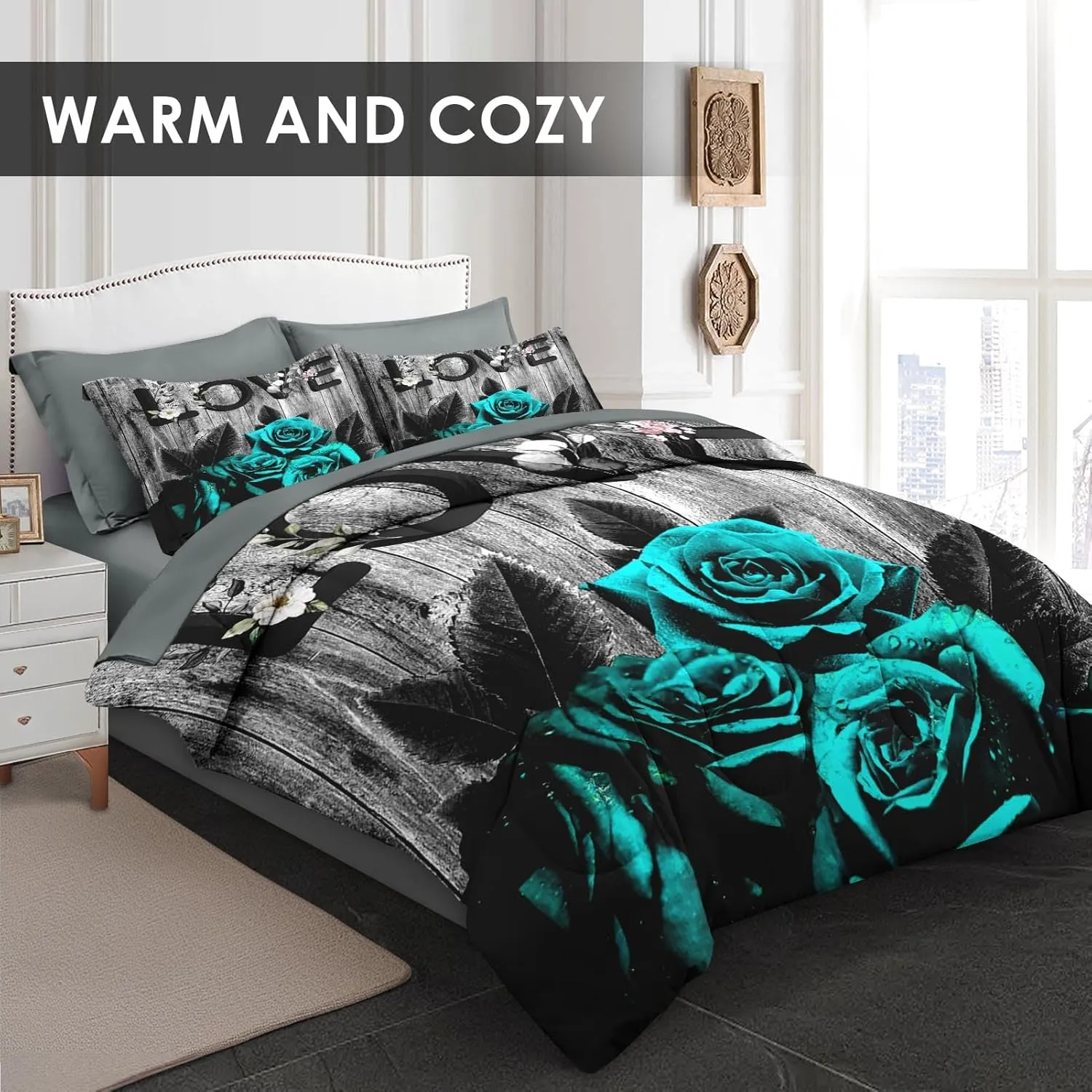 7 Pcs King Size Comforter Set with 2 Pillowcases & 2 Shams, Cyan Rose Flower Love Bedding for Kids and Adults, Summer Retro Woodboard Bed in a Bag with Flat Fitted Sheet