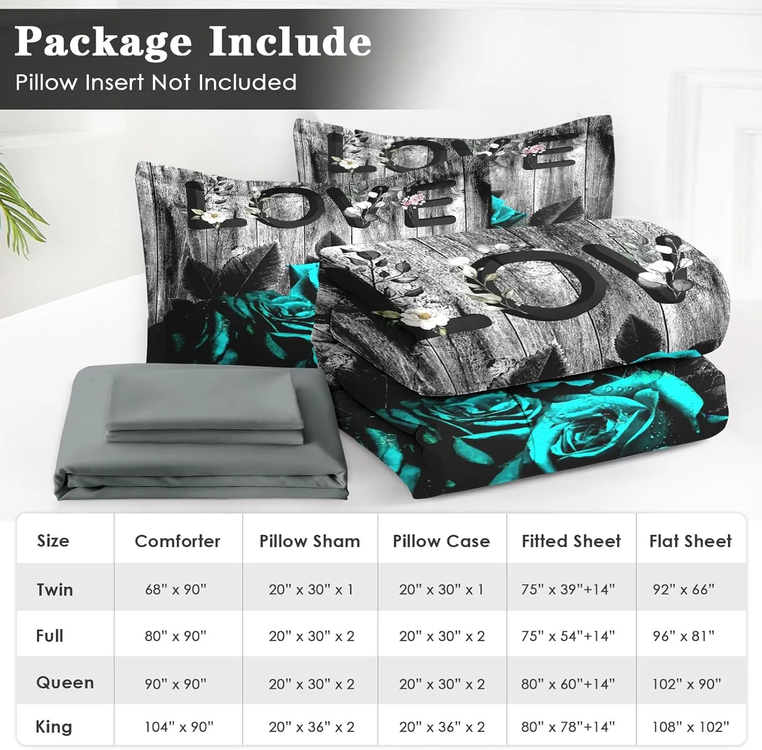 7 Pcs King Size Comforter Set with 2 Pillowcases & 2 Shams, Cyan Rose Flower Love Bedding for Kids and Adults, Summer Retro Woodboard Bed in a Bag with Flat Fitted Sheet