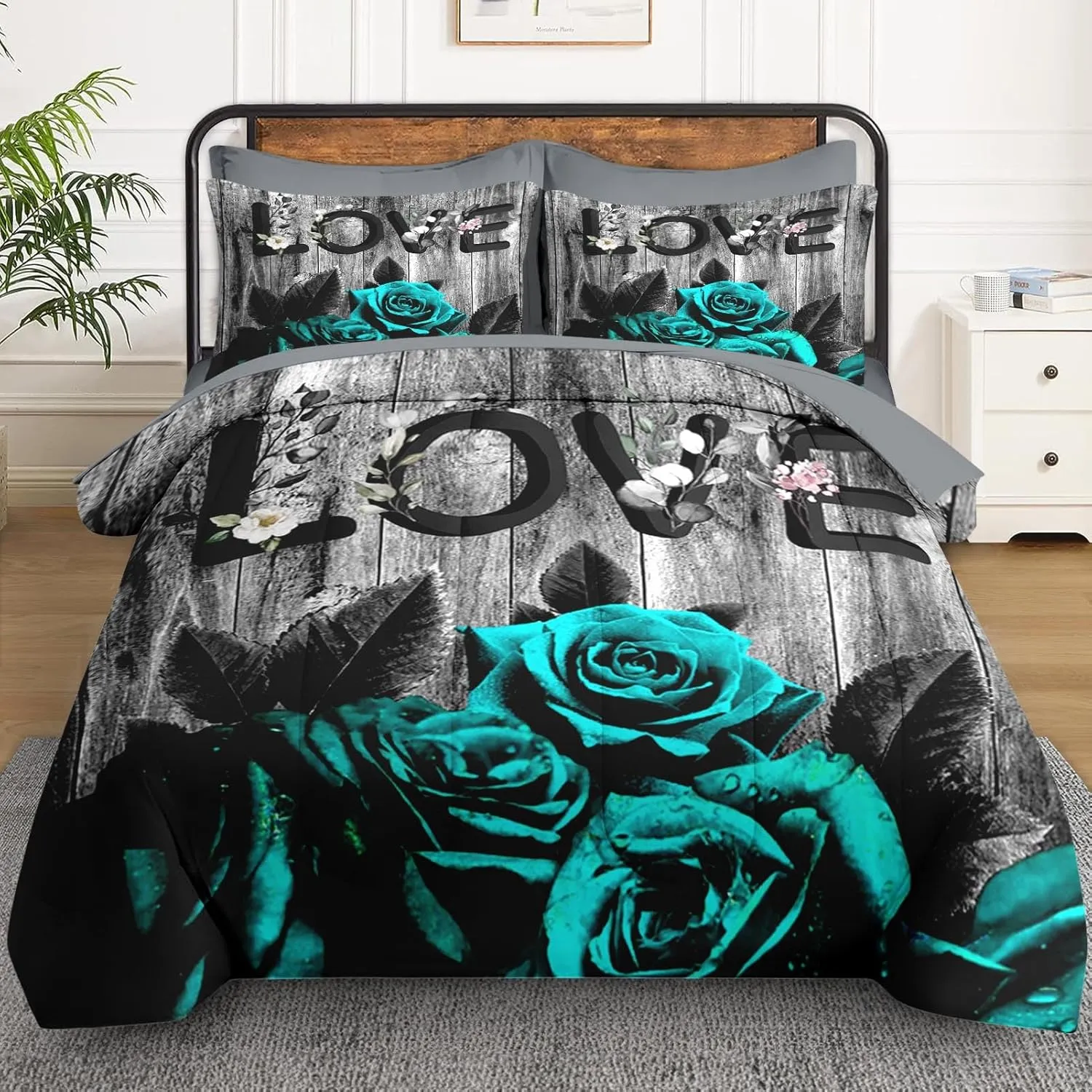 7 Pcs King Size Comforter Set with 2 Pillowcases & 2 Shams, Cyan Rose Flower Love Bedding for Kids and Adults, Summer Retro Woodboard Bed in a Bag with Flat Fitted Sheet