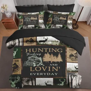 7 Pcs Queen Size Comforter Set with 2 Pillowcases & 2 Shams, Deer Animal Tree Bedding Set for Kids and Adults, Retro Mountains Gray Bed in a Bag with Flat Sheet and Fitted Sheet