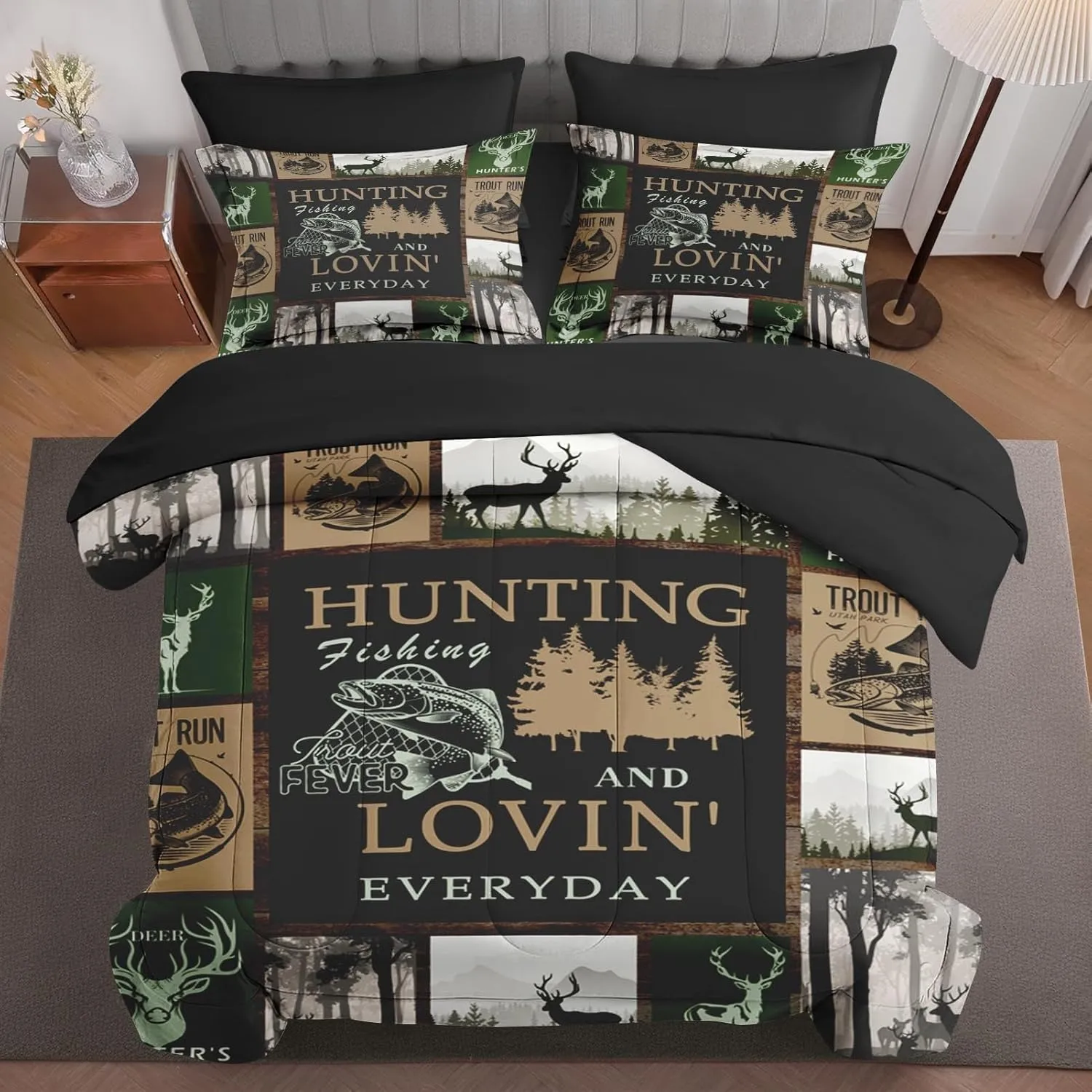 7 Pcs Queen Size Comforter Set with 2 Pillowcases & 2 Shams, Deer Animal Tree Bedding Set for Kids and Adults, Retro Mountains Gray Bed in a Bag with Flat Sheet and Fitted Sheet