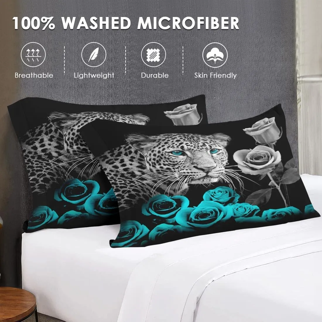 7 Pcs Queen Size Comforter Set with 2 Pillowcases & 2 Shams, Snow Leopard Cyan Rose Bedding for Kids and Adults, Wild Animal Cat Bed in a Bag with Flat Fitted Sheet