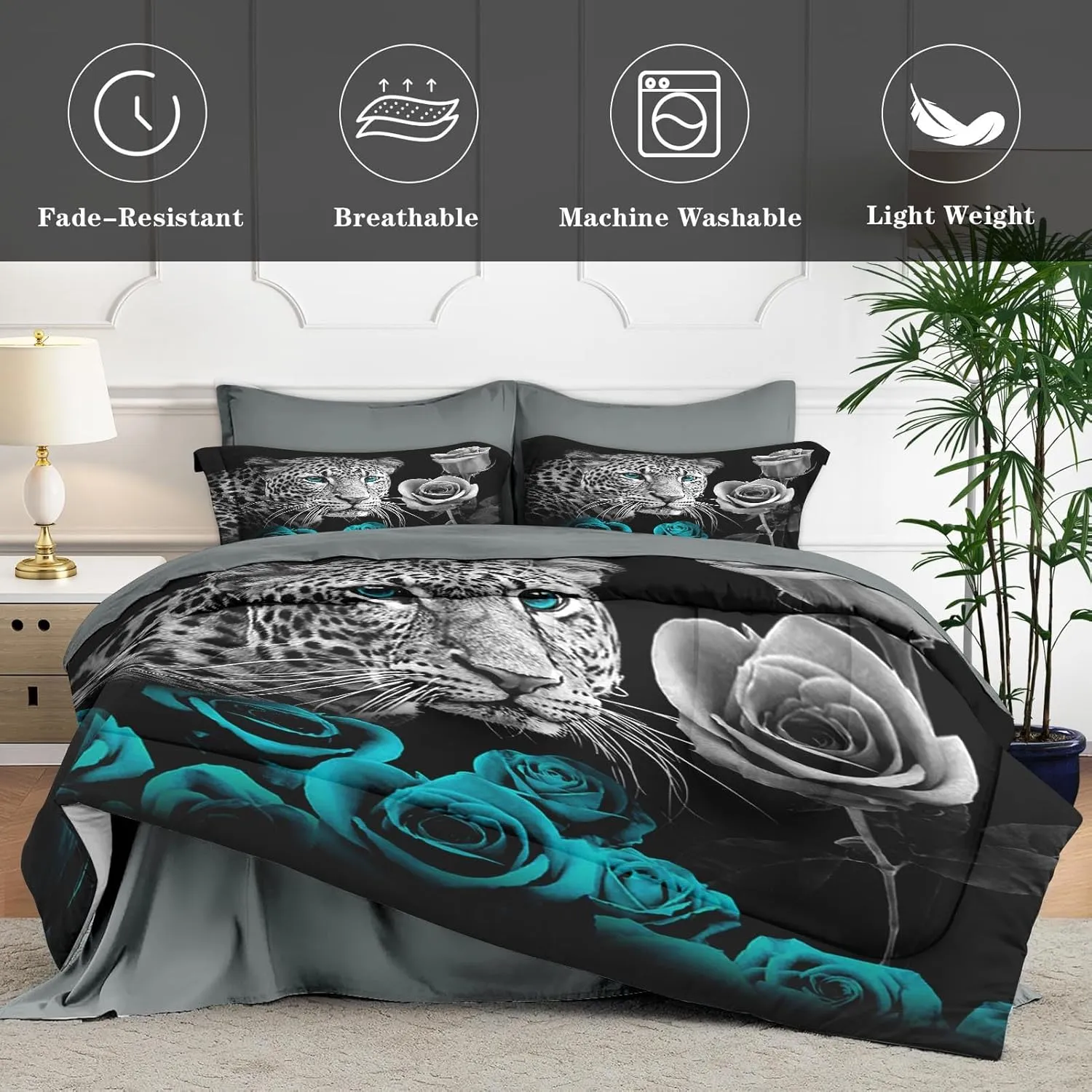 7 Pcs Queen Size Comforter Set with 2 Pillowcases & 2 Shams, Snow Leopard Cyan Rose Bedding for Kids and Adults, Wild Animal Cat Bed in a Bag with Flat Fitted Sheet