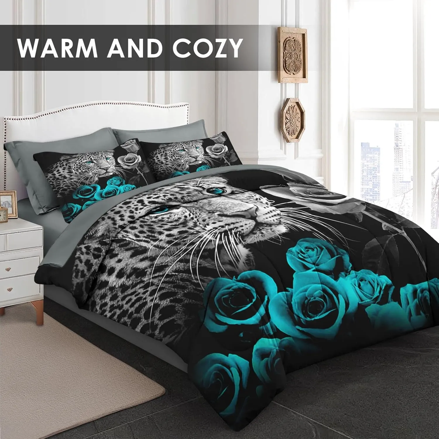 7 Pcs Queen Size Comforter Set with 2 Pillowcases & 2 Shams, Snow Leopard Cyan Rose Bedding for Kids and Adults, Wild Animal Cat Bed in a Bag with Flat Fitted Sheet