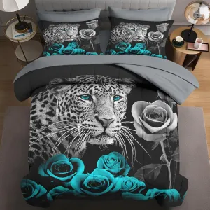 7 Pcs Queen Size Comforter Set with 2 Pillowcases & 2 Shams, Snow Leopard Cyan Rose Bedding for Kids and Adults, Wild Animal Cat Bed in a Bag with Flat Fitted Sheet