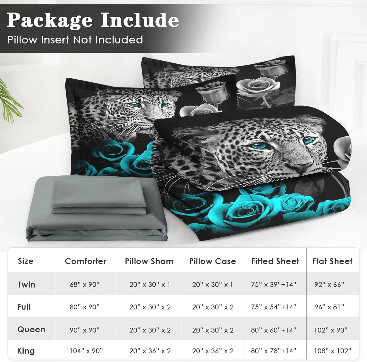 7 Pcs Queen Size Comforter Set with 2 Pillowcases & 2 Shams, Snow Leopard Cyan Rose Bedding for Kids and Adults, Wild Animal Cat Bed in a Bag with Flat Fitted Sheet