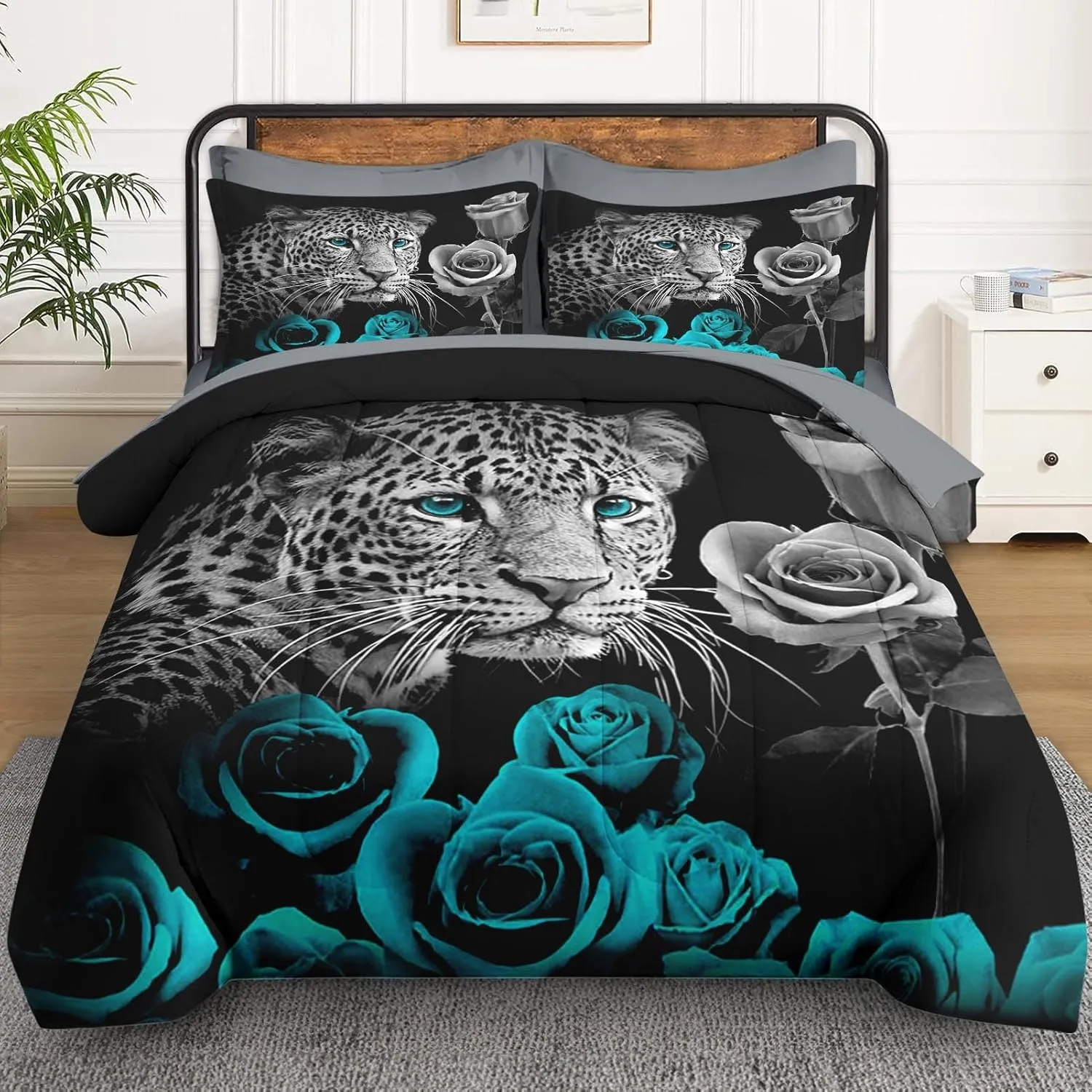 7 Pcs Queen Size Comforter Set with 2 Pillowcases & 2 Shams, Snow Leopard Cyan Rose Bedding for Kids and Adults, Wild Animal Cat Bed in a Bag with Flat Fitted Sheet