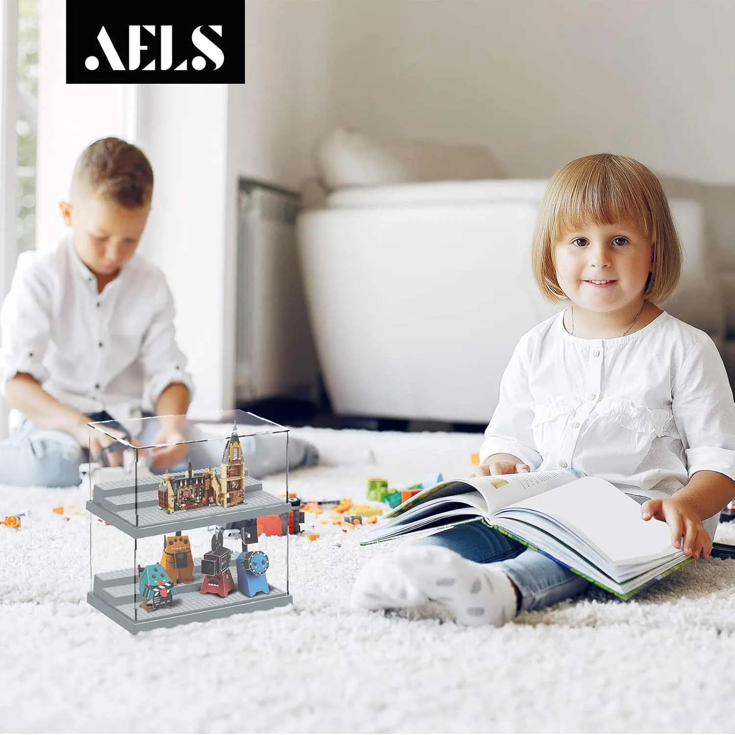 AELS 3-Level Acrylic Display Case, Set of 2, Dustproof Showcase for Collection Bricks Blocks Toys Models Minifigures Building, Clear, Removable, Gray
