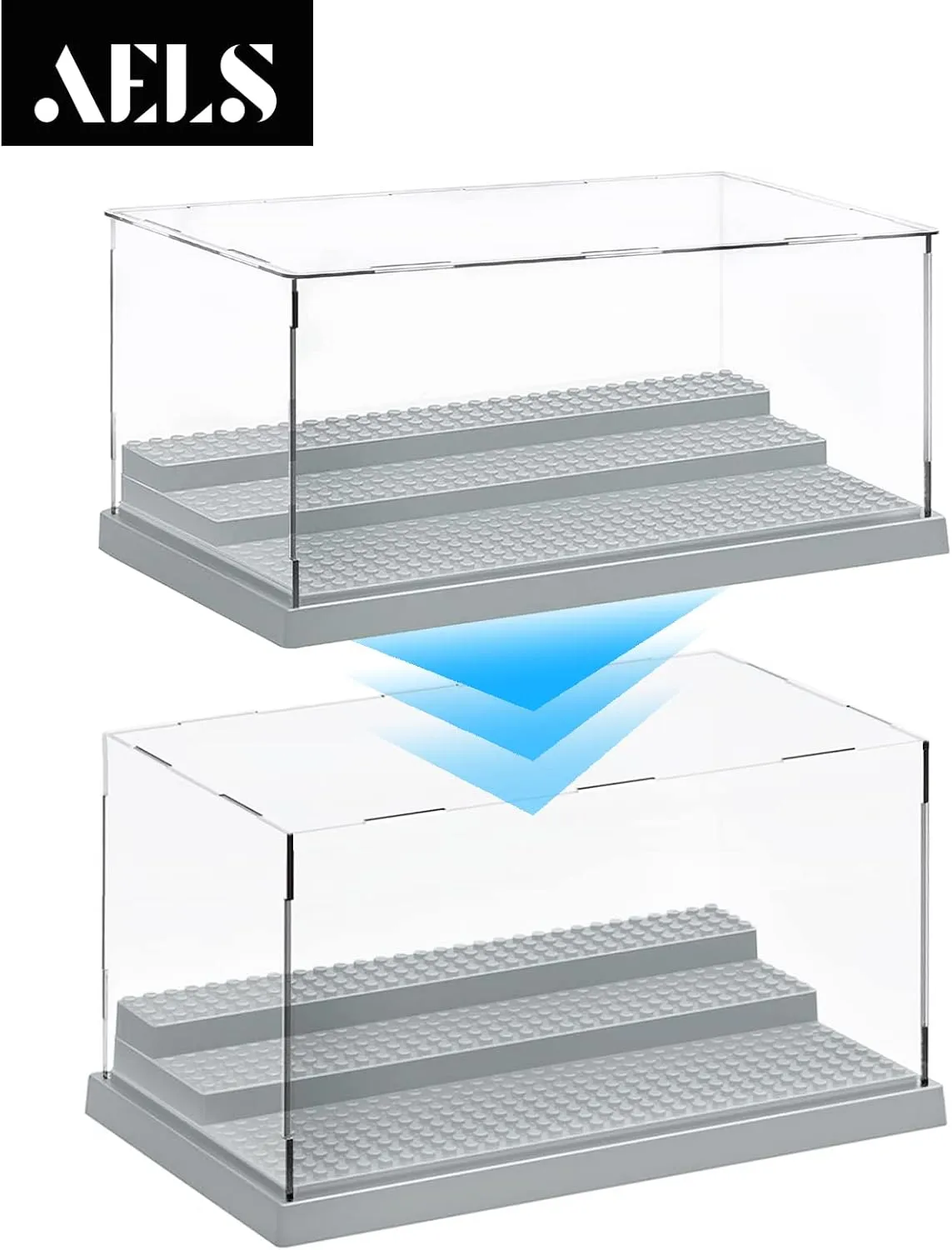 AELS 3-Level Acrylic Display Case, Set of 2, Dustproof Showcase for Collection Bricks Blocks Toys Models Minifigures Building, Clear, Removable, Gray