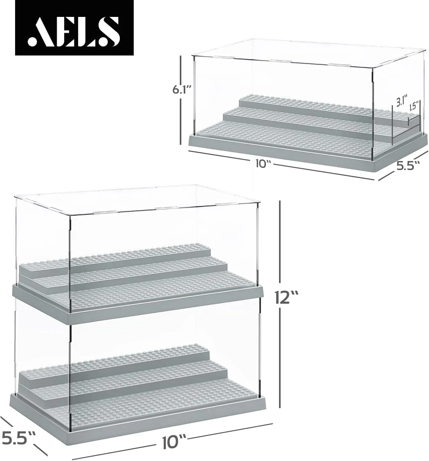 AELS 3-Level Acrylic Display Case, Set of 2, Dustproof Showcase for Collection Bricks Blocks Toys Models Minifigures Building, Clear, Removable, Gray