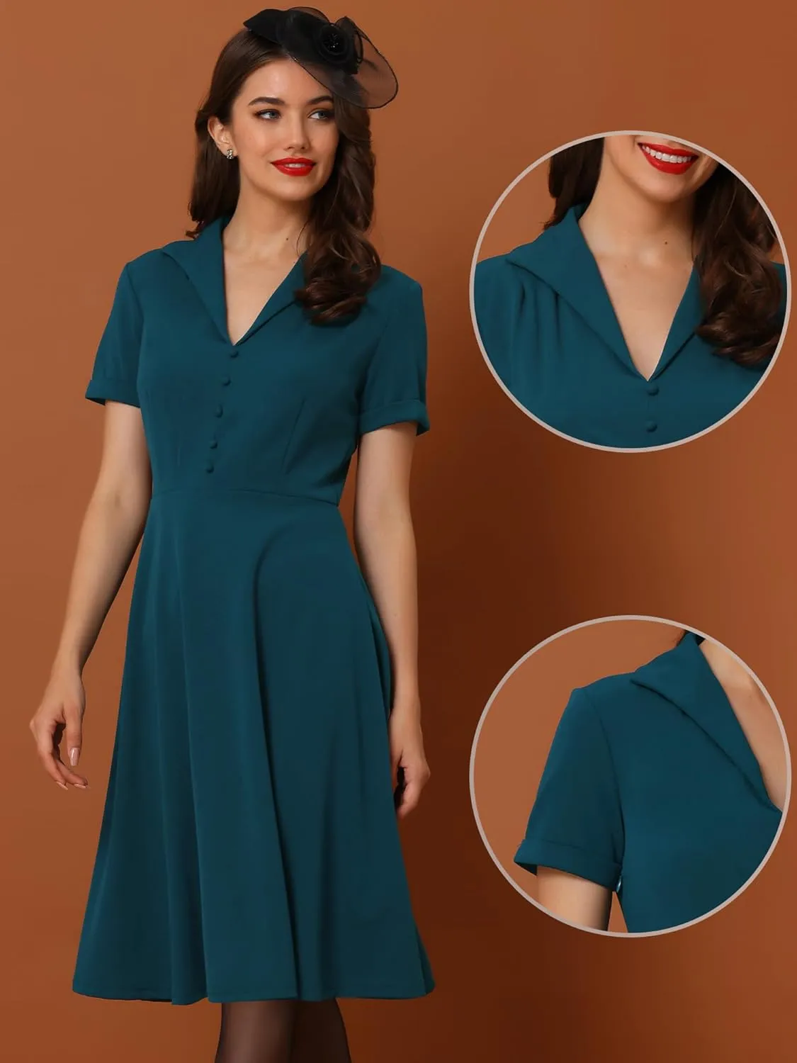 Allegra K Vintage Dresses for Women's 2025 Spring Flat Collar Short Sleeve Fit and Flare Dress