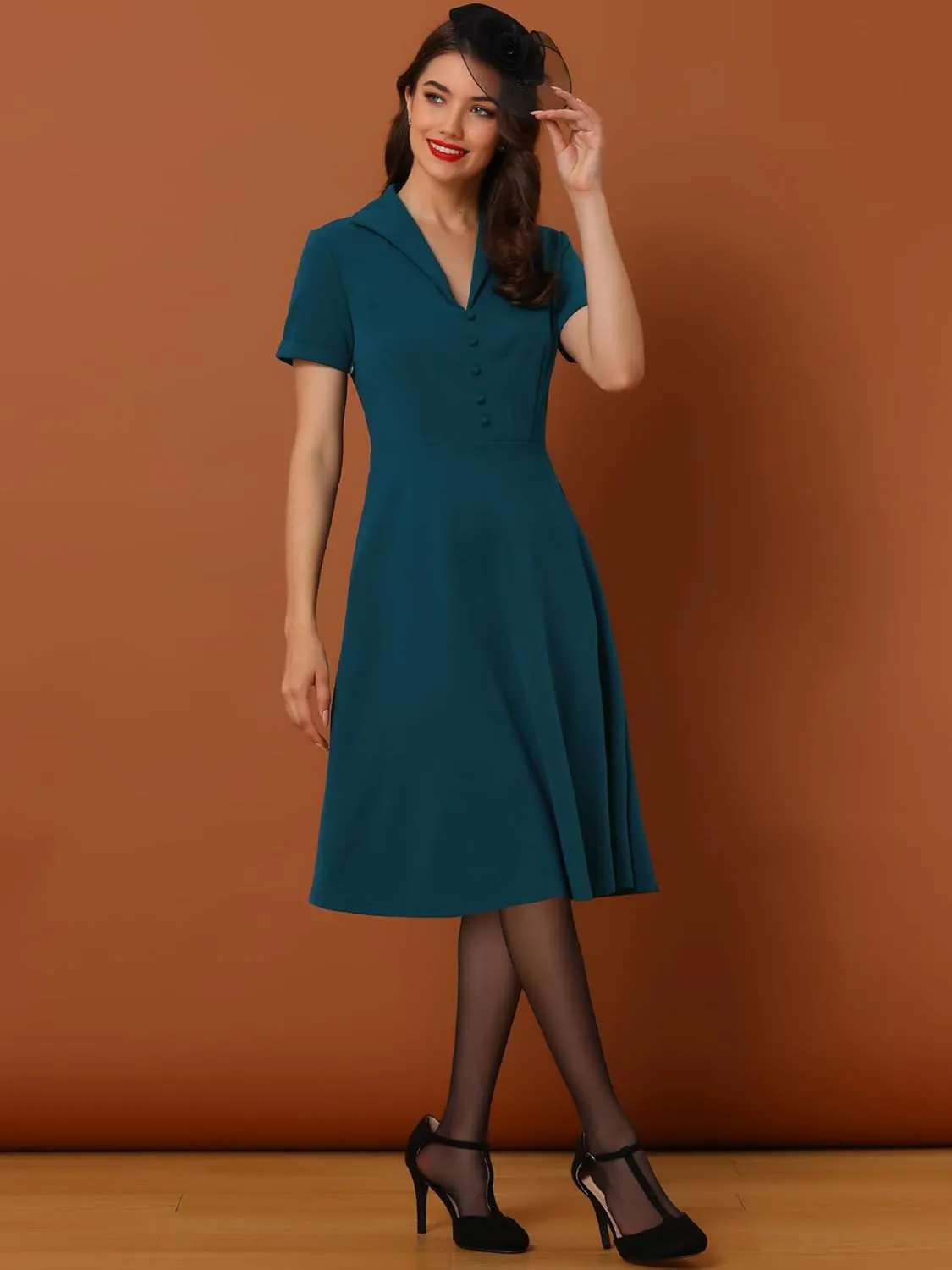 Allegra K Vintage Dresses for Women's 2025 Spring Flat Collar Short Sleeve Fit and Flare Dress