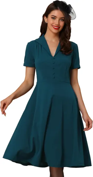 Allegra K Vintage Dresses for Women's 2025 Spring Flat Collar Short Sleeve Fit and Flare Dress